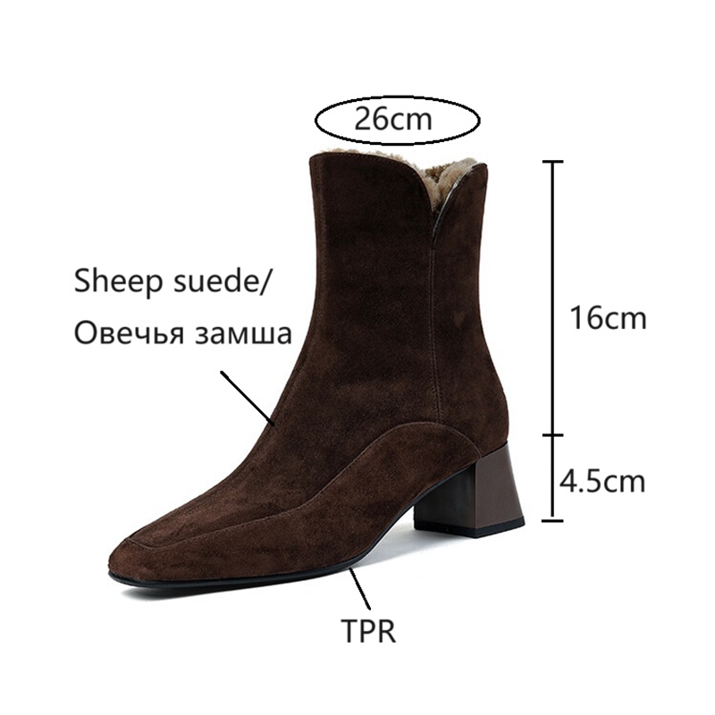 Winter NEW Sheep Suede Leather for Women Square Toe Chunky Heel Shoes Zip Modern Black Wool Warm Boots c8fb