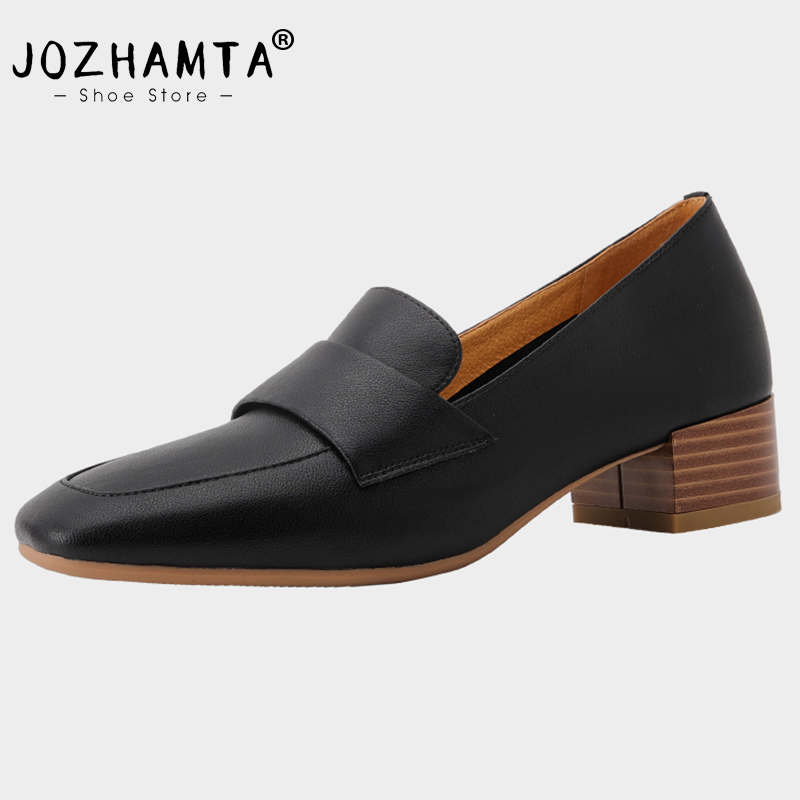 Size JOZHAMTA 34-40 Women Pumps Real Leather Sexy Solid Thick Heels Shoes For Woman Casual Loafers Office Lady Daily Footwear da04