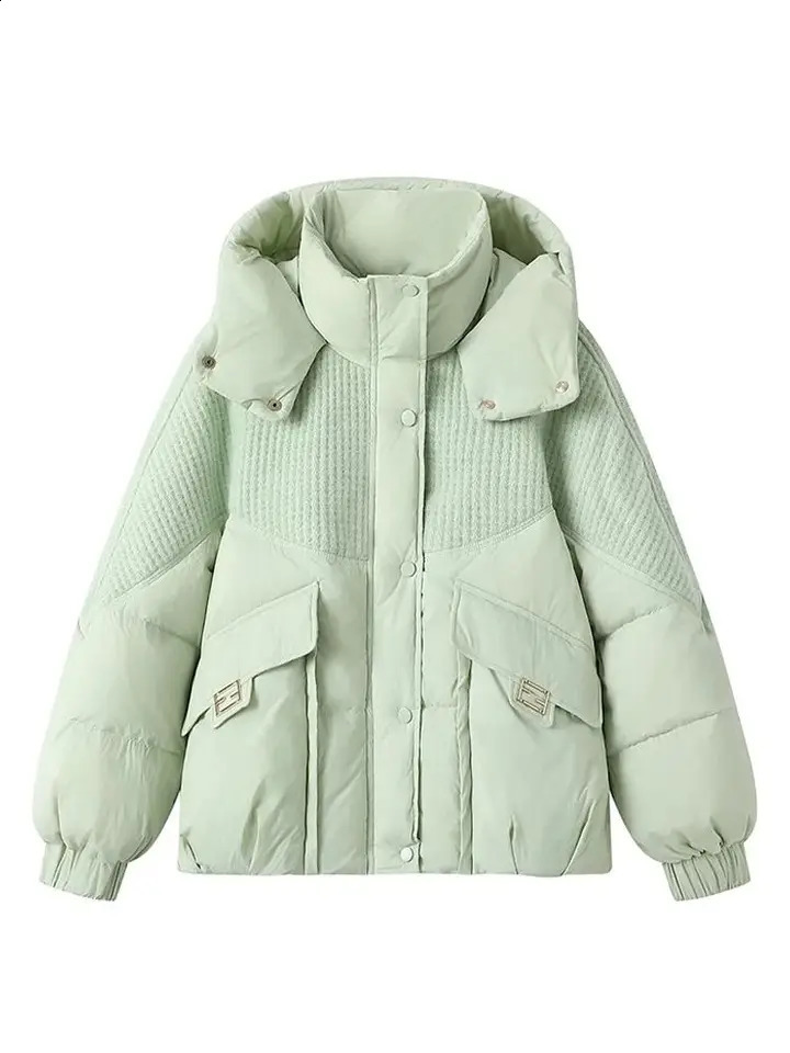 Women Green Duck Down Parka Jacket Warm Long Sleeve Hoodies Coat Outerwear Korean 90s Vintage Padded 2000s Clothes Winter 240904