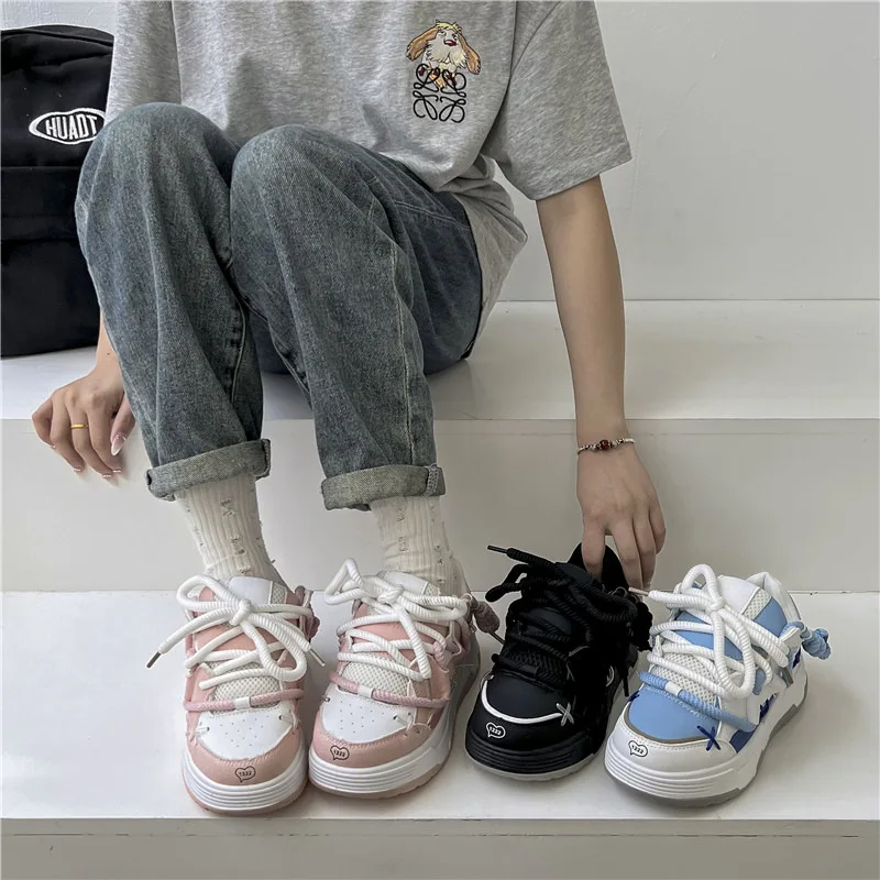 2024 Thick Sole Shoes Fashion Round Toe Flat Shoes Women Comfortable Vulcanized Shoes New Designer Sneakers Zapatillas Mujer
