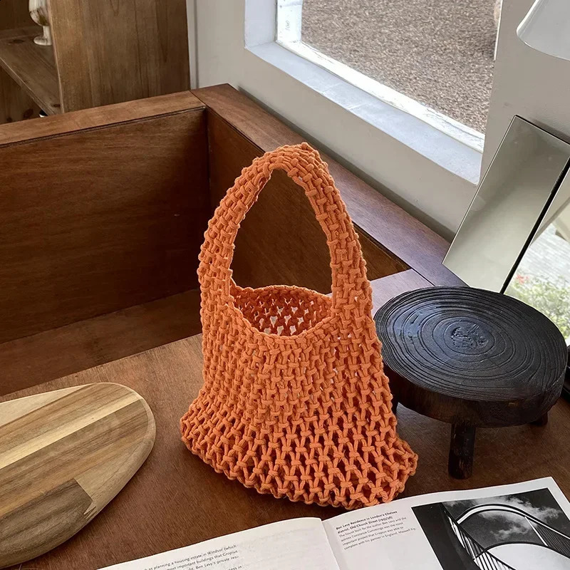 Handmade woven bag Macaron cotton rope hollow handbag handmade 240913