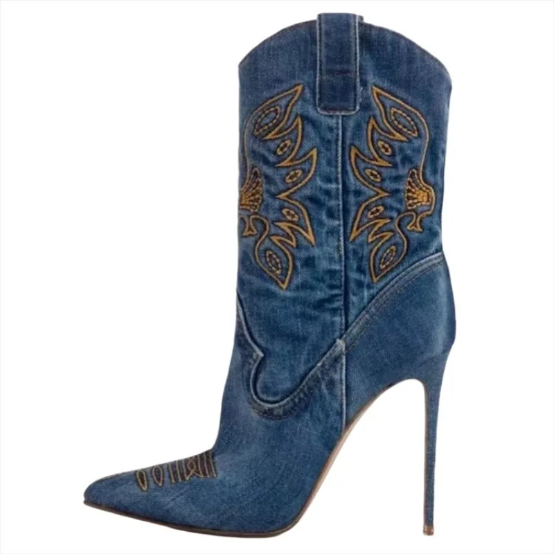 Embroidered Car Stitching 11cm High Heeled Pointed Western Cowboy Boots Women Denim Fashionable Spicy Girl Sexy Knight Boots 46