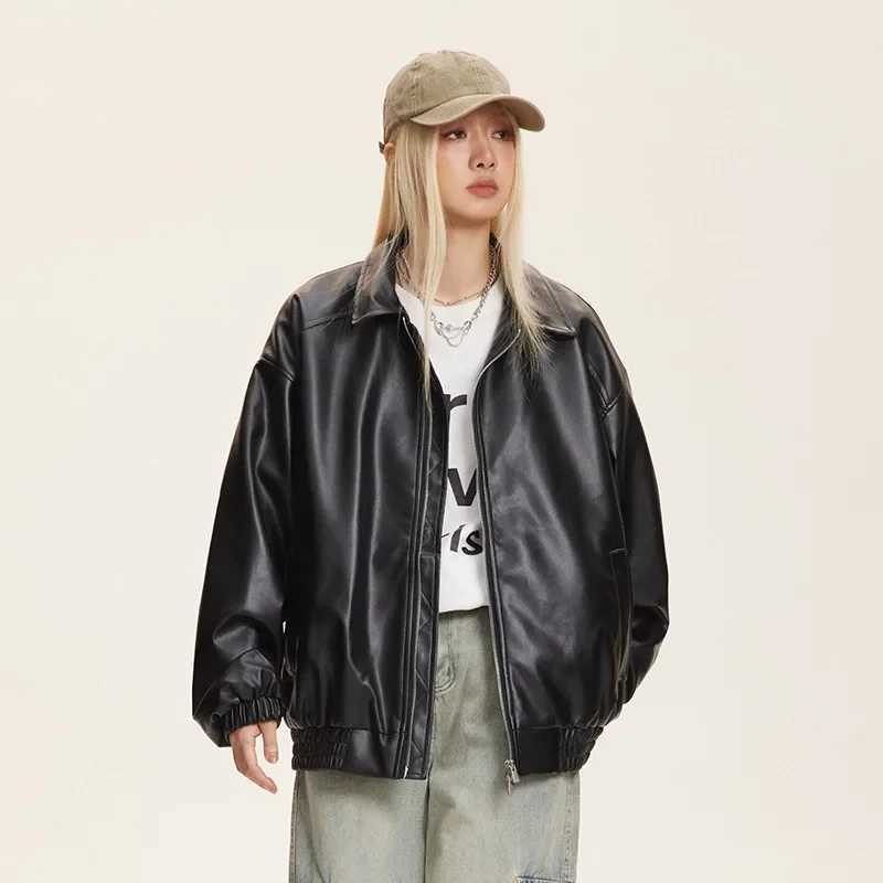 2024 Autumn New Youth Trendy Casual Loose Versatile Trendy Imitation Protein Leather Collar CoatX240913