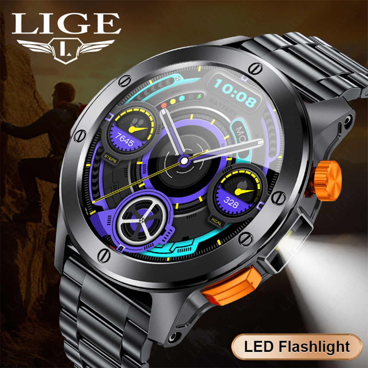 LIGE New Smart Watch Multi functional Waterproof Step Counting Bluetooth Voice Assistant Remote Control Photography Precision Steel Belt Watch