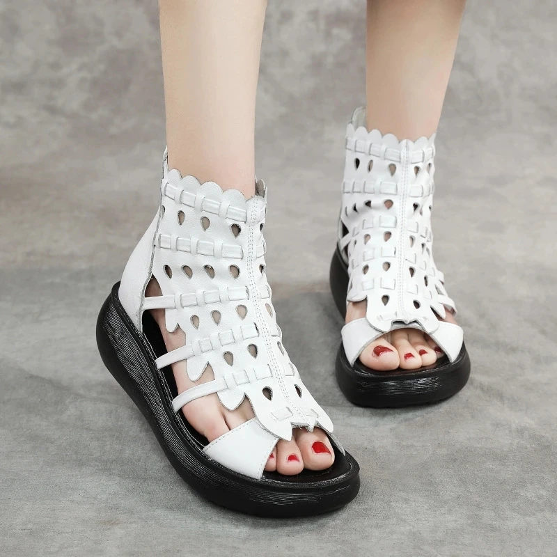 Summer New Retro Leather Thick-Soled Roman Sandals Fish Mouth Platform Shoes Women's Summer National Wedge Sandals
