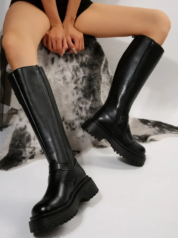 Belt Buckle Gothic Boots for Women Black Thick Heels Knee High Boots Woman Plus Size 42 Punk Long Botas Female 2024