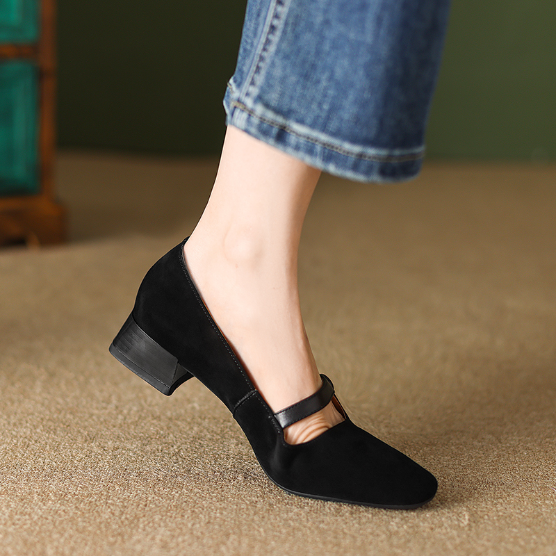 2025 new Spring Pumps for Women Square Toe Chunky Heel Suede Casual Slip-on Shallow Shoes Ladies Retro Low Heels 9d4d