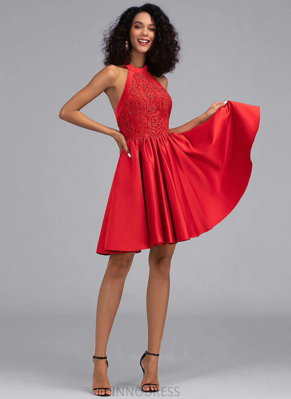 Aso Ebi Red Short Prom Dresses for Women Sleeveless Halter Cocktail Evening Formal Homecoming Gowns Applique Beaded Lace Formal Dress