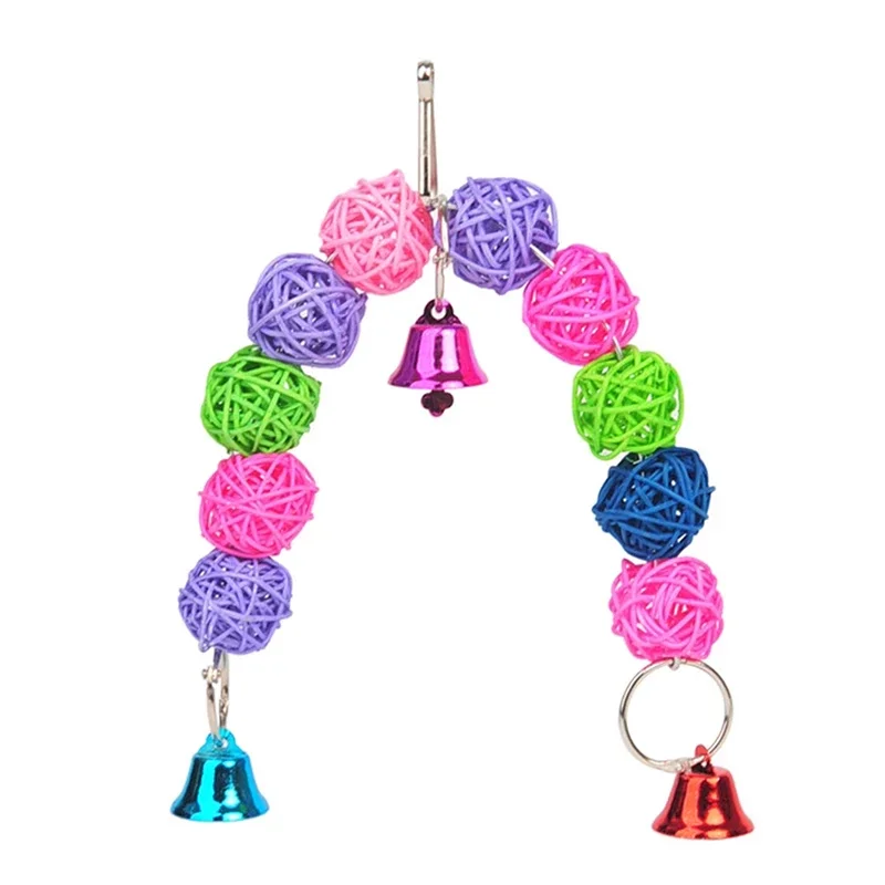 Parrot Chew Strands Wooden Bird Parakeet Bite Molar Toys Rattan Ball With Bell For Pet Bird Cage Hangable Chewing Toy Bird Items