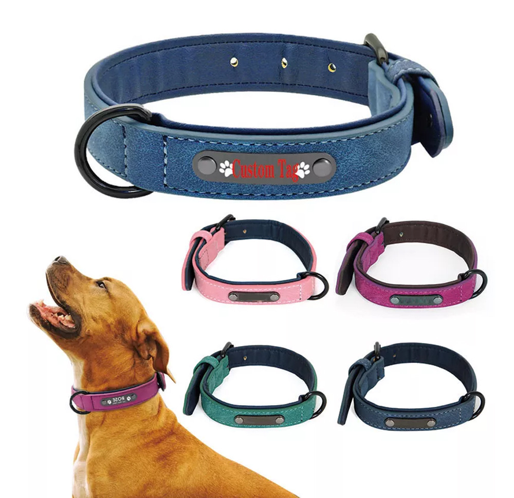 Luxury Adjustable Double Layer PU Leather Pet Collar Comfort Padded Waterproof Custom Name Tag Small Large Size Animal Pattern