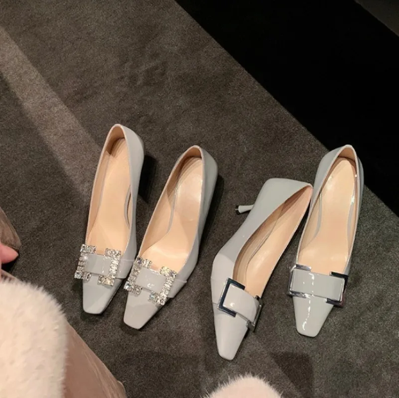 Elegant Square Button Water Diamond Square Head High-heeled Shoes Women Spring Autumn Shopping Commuting Fashion Single Shoes