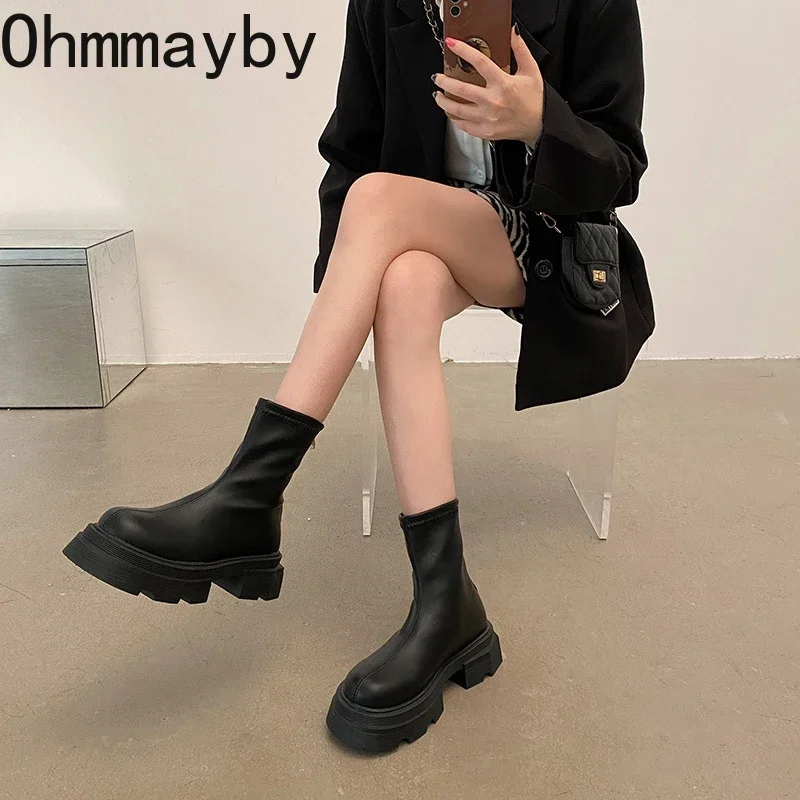 Winter Autumn Platform Heel Short Women Fashion Ladies Back Zippers Ankle Boots British Style Female Shoes cc85