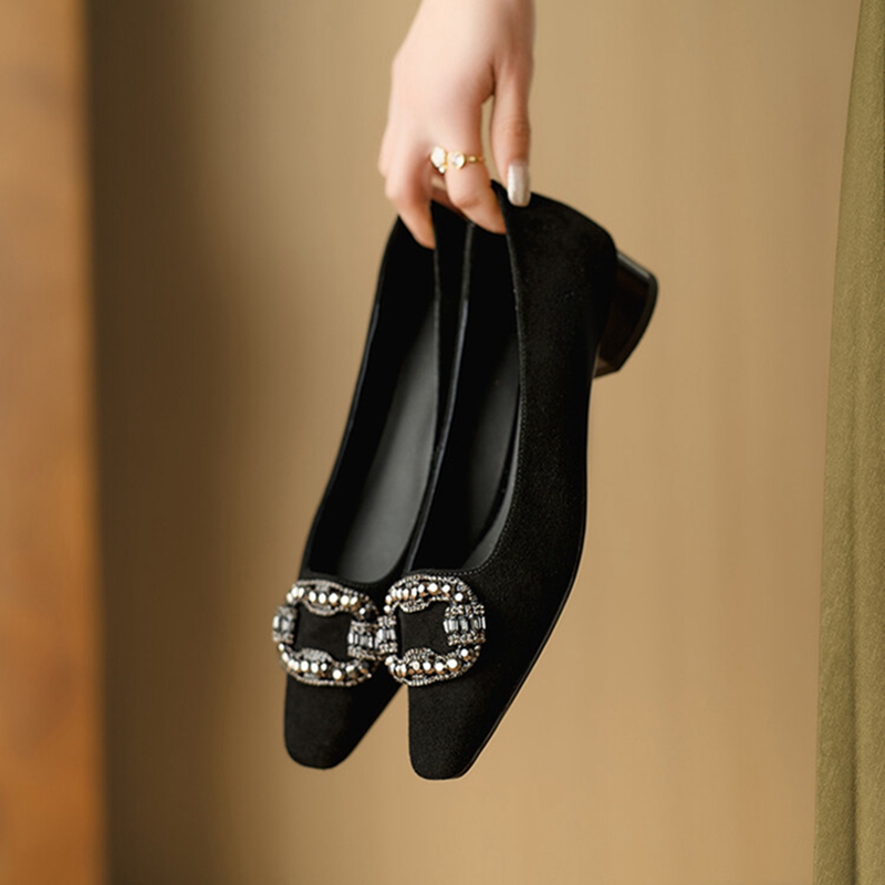 Spring/Autumn NEW Pumps Toe Chunky Heel Sheep Suede Leather for Women Rhie Square Button Shoes 4571