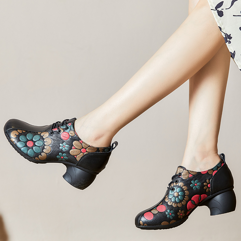 Spring/Autumn 2024 Genuine Leather Lace-Up Pumps, Chinese Style Printing Concise High Heels Ladies Shoes 4