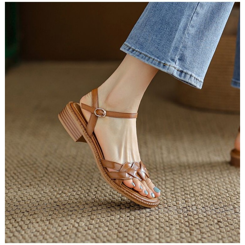 Ladies Shoes 2024 High Quality Retro Women's Sandals Roman Literary Style Hollow Female Shoes Summer Solid Heeled Sandals