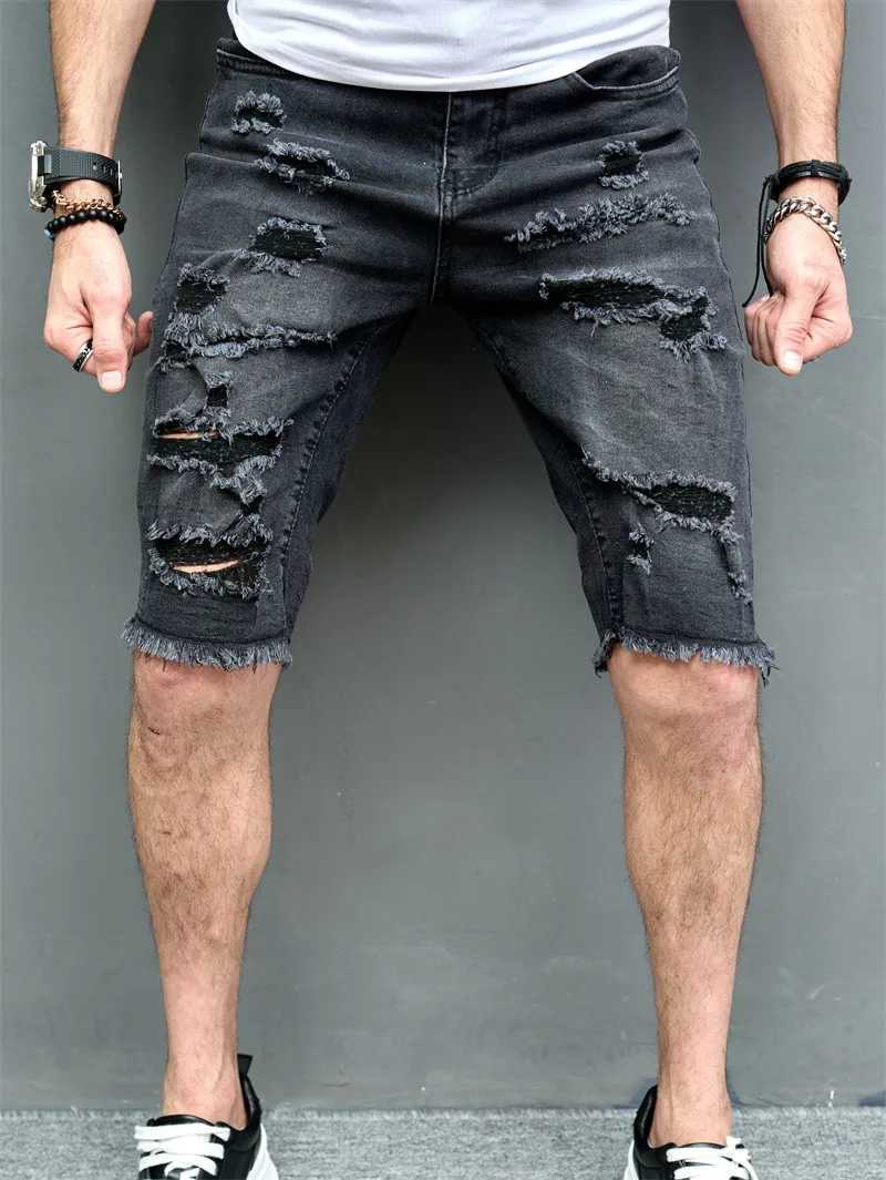 Men Shorts Summer Holes Slim Five-point Pants Street Stylish Casual Male Solid Straight Jeans Beach Denim ShortsX240914