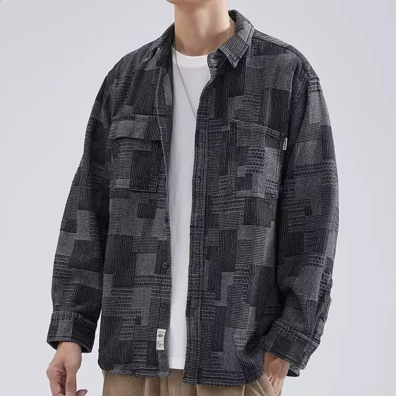 Clothing denim shirt jacquard splicing niche long sleeved work mens spring and autumn jacket Japanese retro 240904