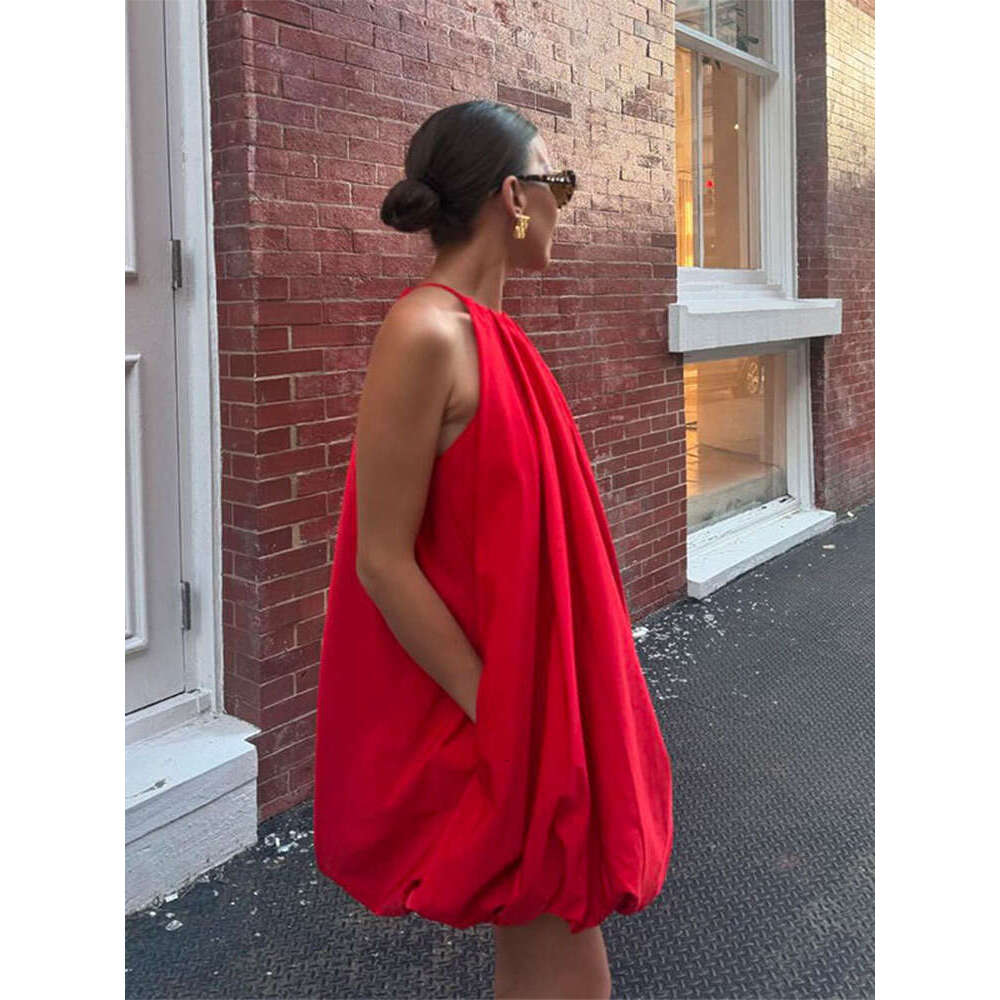 Women Fashion Red Halter Mini Dress Sexy Round Neck Sleeveless Backless A-E Dresses 2024 New Summer Lady Beach Holiday Robes