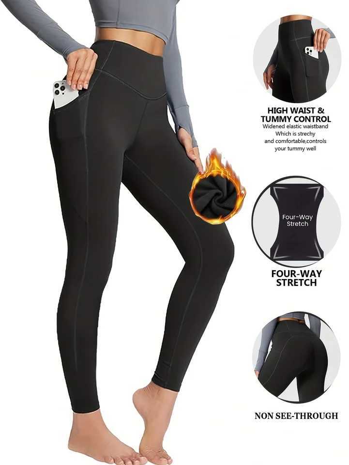 Fleece lined slimming yoga leggings with phone pockets winter warm high waisted sports leggings women s sportswearX240914