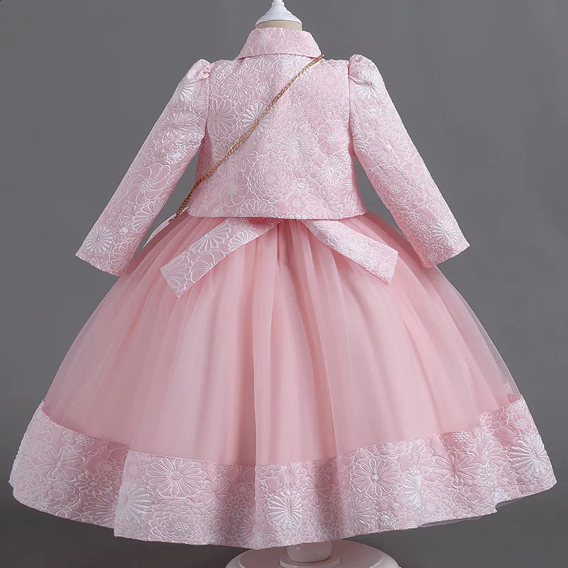 Girl Dress Fluffy Yarn Princess Dress Three Piece Set High end Long Sleeve Birthday Wedding Dress 240913