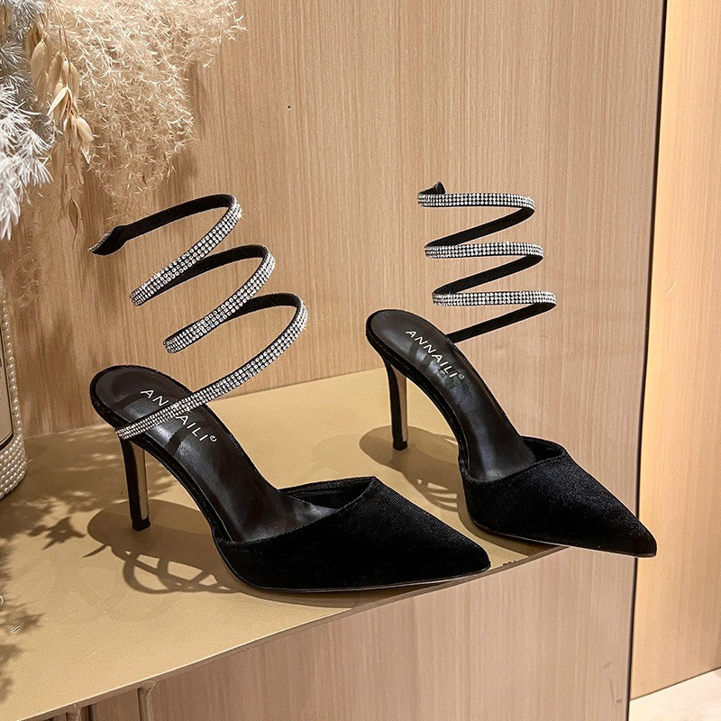 Roman 2024 Sexy Pointy Thin Heel Back New Empty Single Shoe Rhie Snake Wrapped High Heels Wedding Shoes c0d8 s