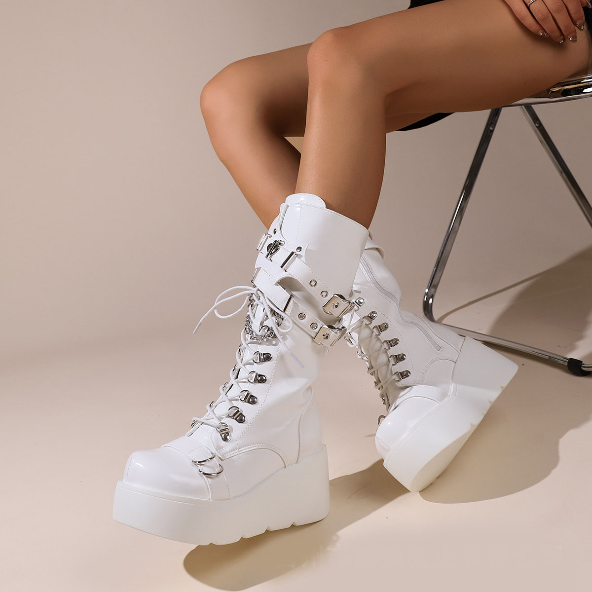 Platform Fashion Ladies Chain Punk Goth Wedges 8cm High Heels Women's Boots Party Street Cosplay Woman Shoes Bota Feminina f4f4