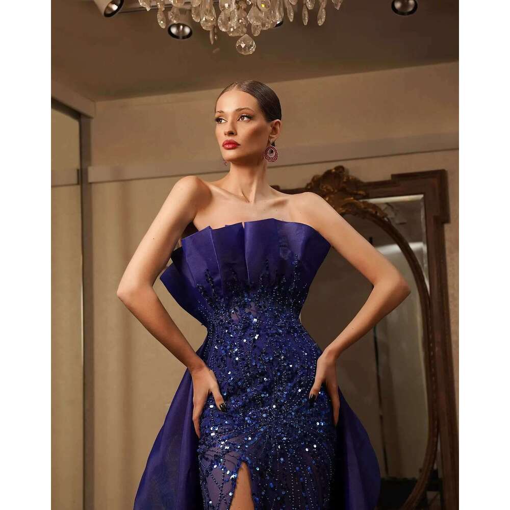 Illusion Evening Dresses Straight Strapless Split Beading Sequined Sleeveless Prom Gown Party Dress Vestido De Noite Custom Made