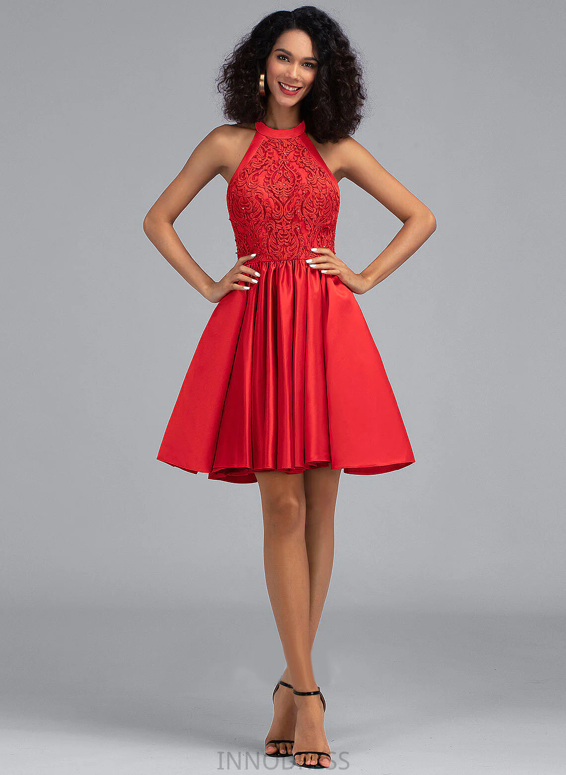 Aso Ebi Red Short Prom Dresses for Women Sleeveless Halter Cocktail Evening Formal Homecoming Gowns Applique Beaded Lace Formal Dress