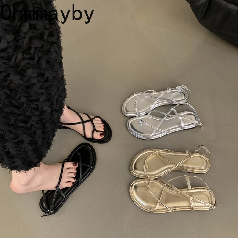 Gladiator Designer Women Sandals Fashion Narrow Band Ladies Outdoor Flats Sandal 2024 Summer Women's Shoes 34b4 's