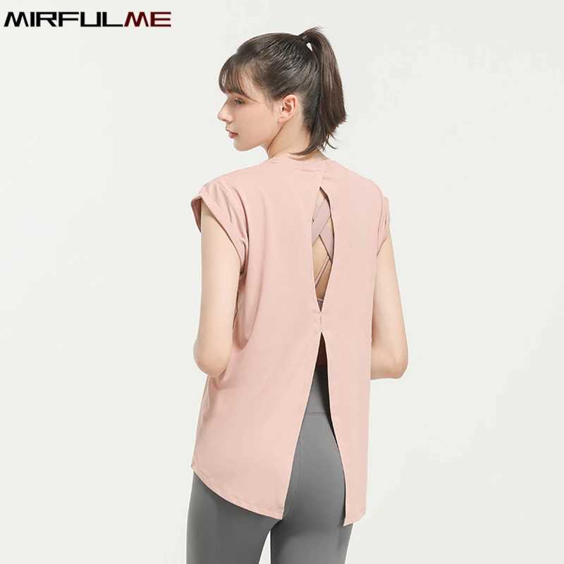 Summer Loose Yoga Shirts Women Hollow Out Short Sleeves Running T-Shirts Quick Dry Sports Forked Tops Gym Workout Fitness Blouse M240914
