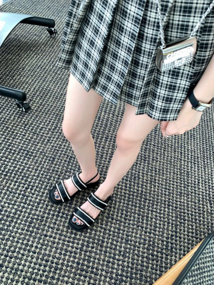 2022 Women's Pearl Sandals Female Ankle Buckle Flats Ladies Non Slip Summer Sandalias Mujer Peep Toe Woman Beach Footwear