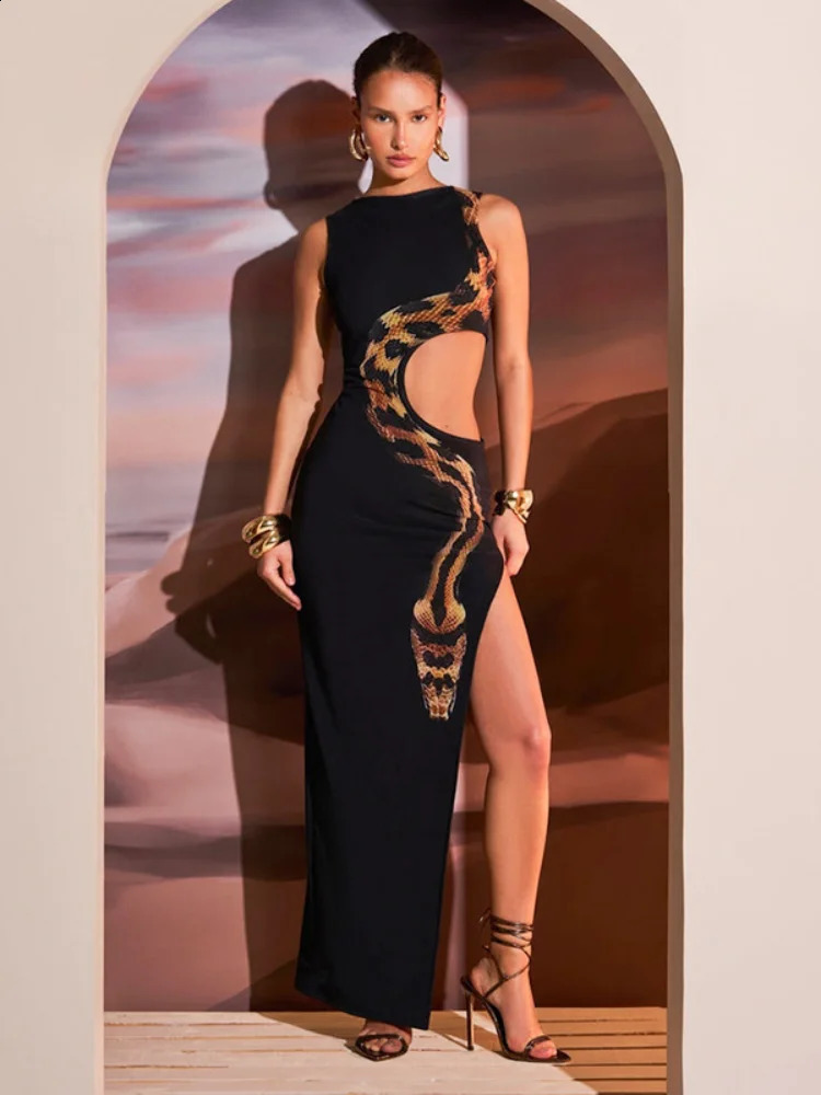 Fashion Black Snake Printed Hollow Out Long Dres Sexy O Neck Sleeveless High Split Slim Robes 2024 Lady Party Night Gowns 240913