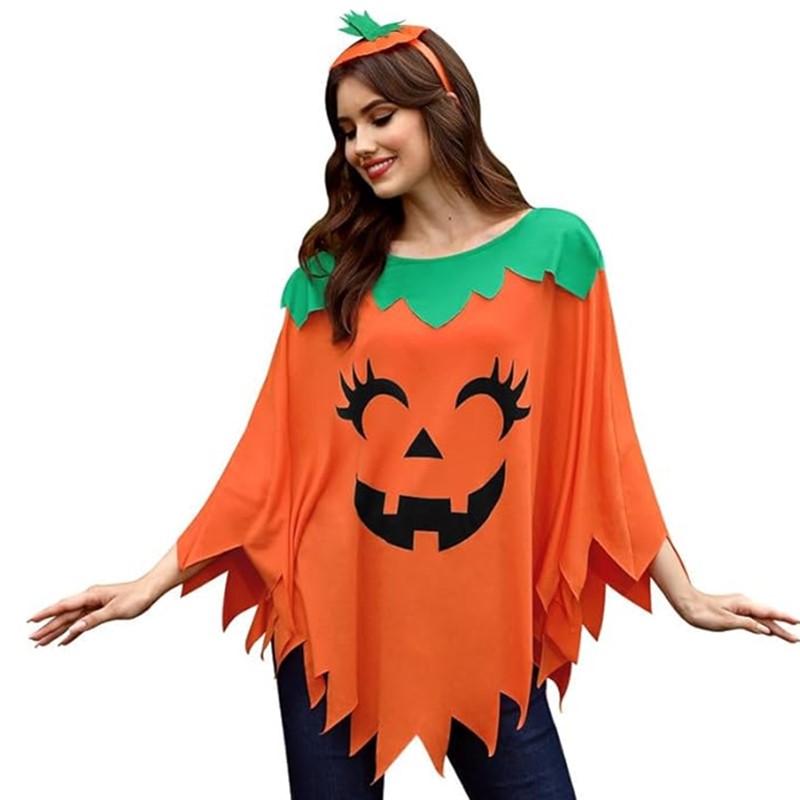 Unisex Halloween Pumpkin Costume 3 Piece Set with Poncho Headband and Candy Bag for All Ages Boys Girls Men Women Multi Style Wholesale