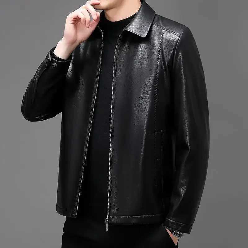 Autumn Mens New Lapel Lychee Patterned Short Slim Fitting Leather Jacket Motorcycle JacketX240913
