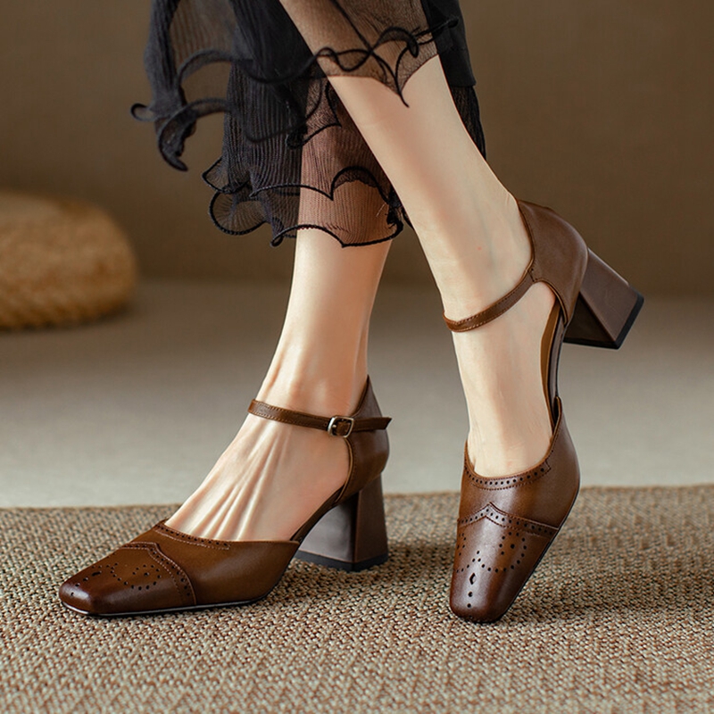Genuine Leather Women Sandals Summer Women Shoes Cover Toe Chunky Heel Shoes for Women Retro Hollow High Heels Handmade Shoes