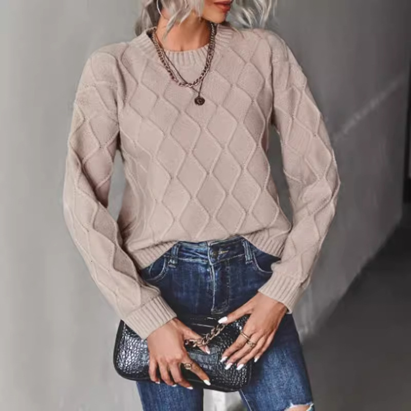 dongdumaoyi New autumn and winter solid color pullover round neck sweater, fashionable diamond solid color loose casual knit sweater F0914#43
