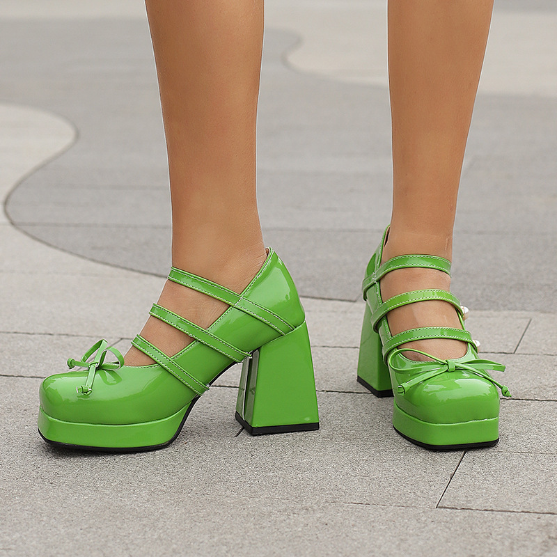 2025 new Autumn Spring Fashion Bowknot Thick Sole High Heel Single New Shallow Mouth Buckle Pearl Women's Shoes Size 34-48 e3c8