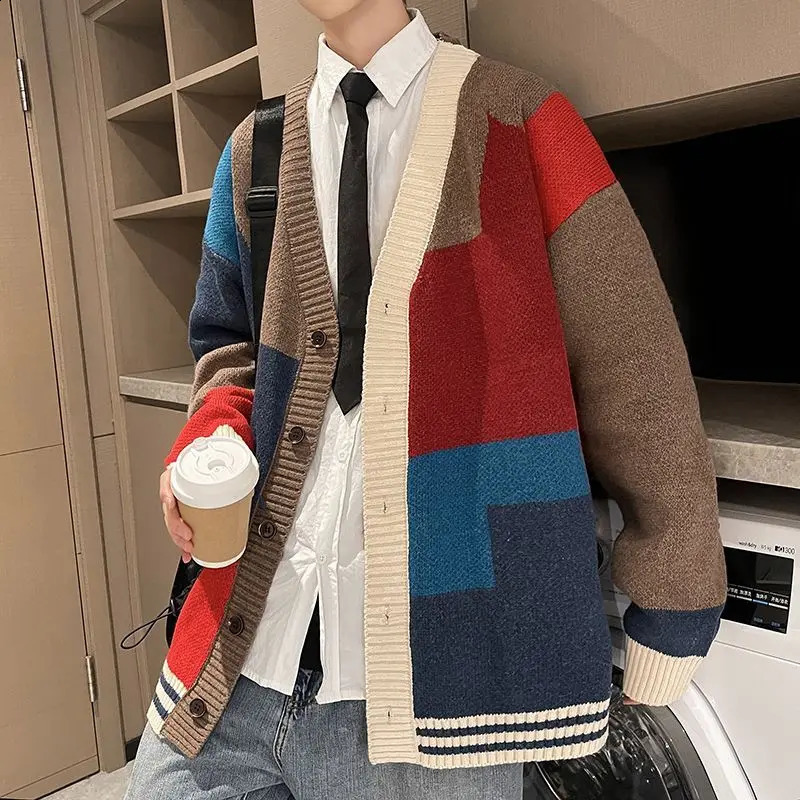 Men Korean Fashion Contrast Color Streetwear Oversize Single Breasted Knitted Cardigan Y2K Youth V Neck Long Sleeve Sweater Coat 240913