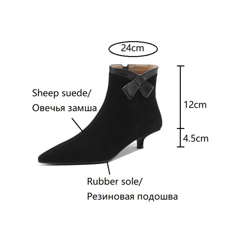 Autumn NEW Sheep Suede Leather for Women Pointed Toe Ankle Bow-knot Shoes Black Kitten Heel Modern Boots 5d3d