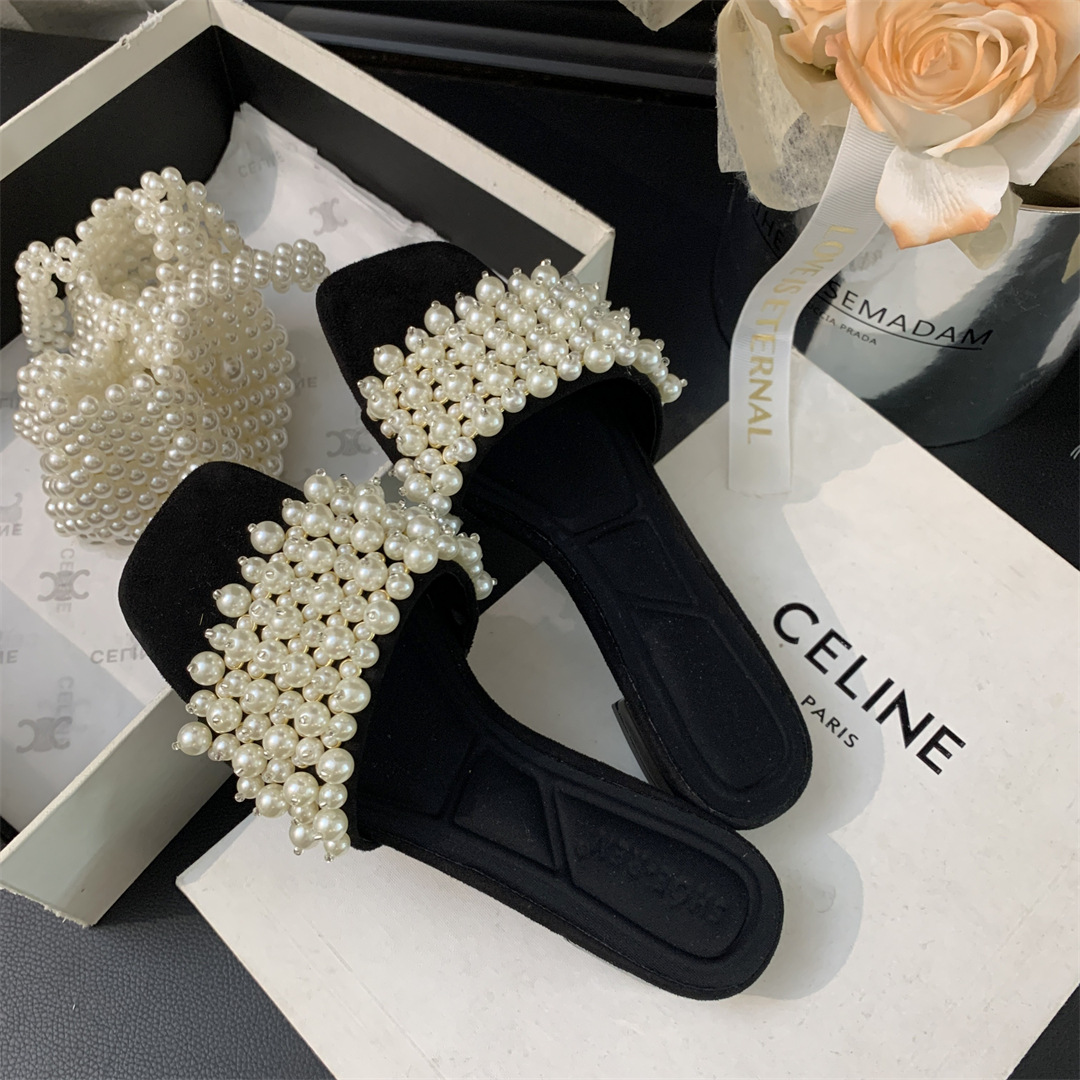 Shoes Square Toe Woman's Slippers Slides Low Fashion String Bead Block 2024 Summer Luxury Rome Hoof Heels Fabric PU Rubber