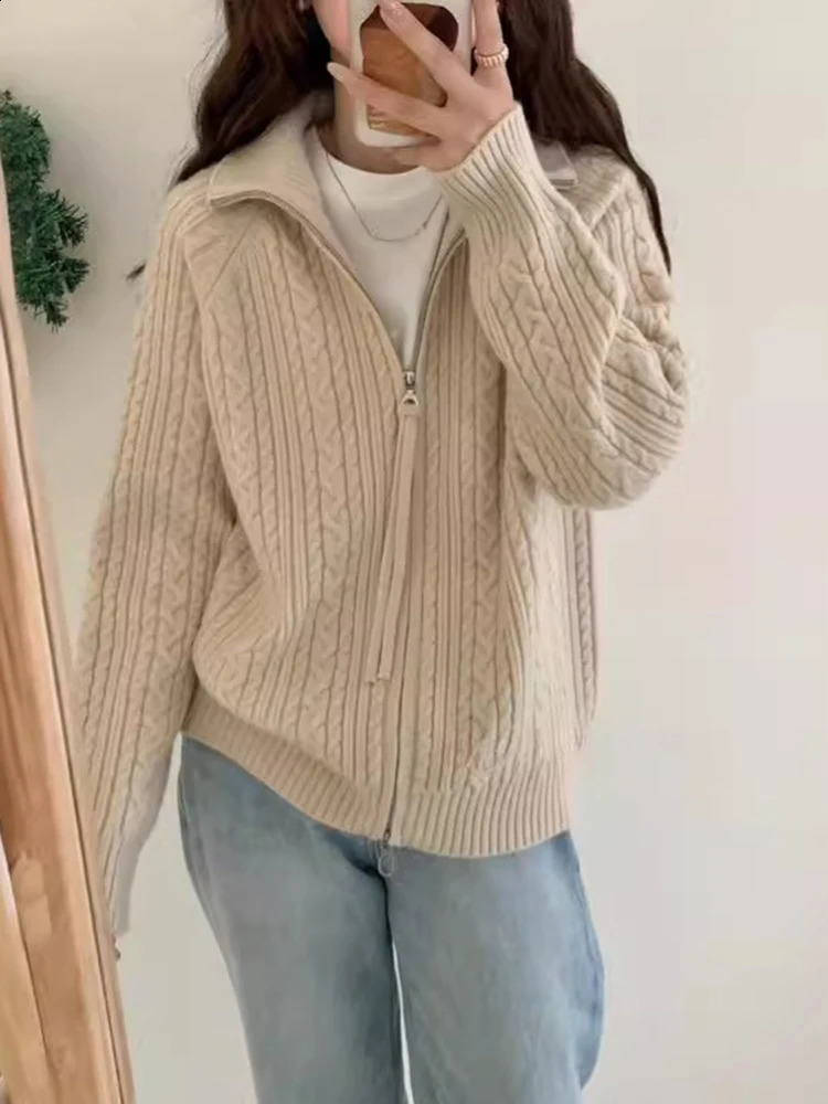 Aoaiiys Cardigan Women Zipper Knitted Casual Loose Long Sleeve Sweaters Korean Style Autumn Winter Fashion Female Cardigans 240904
