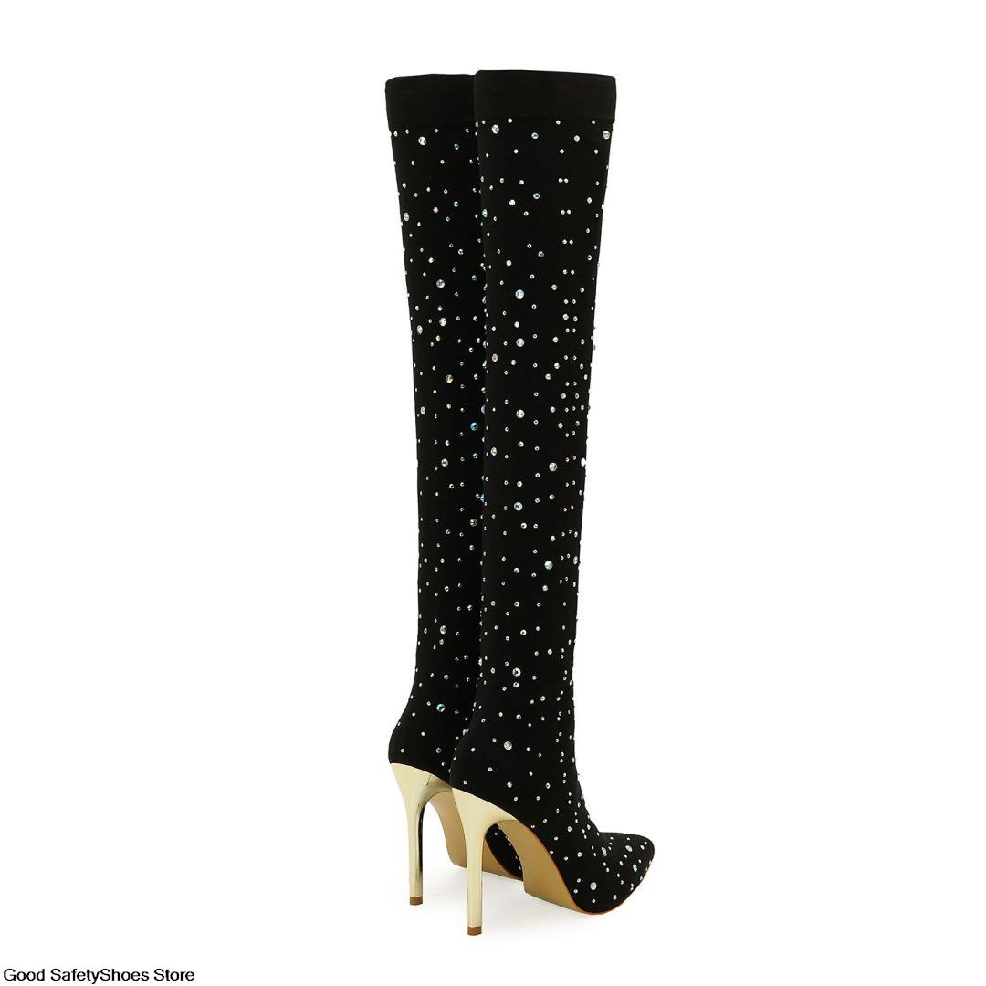 Sexy Thigh Crystal Party Stretch Fabric Sock Heels Autumn Shoes Women Over Knee High Boots bec4