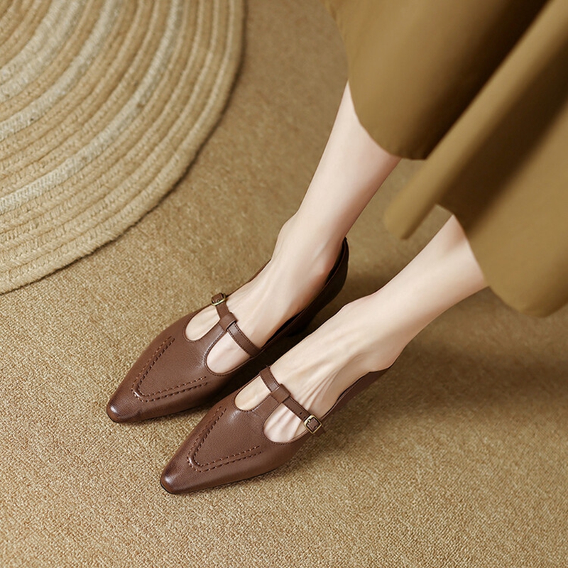 NEW Spring/Summer Women's Pumps Genuine Leather High Heels Pointed Toe Chunky Heel Shoes for Women Solid Mary Janes Party Shoes