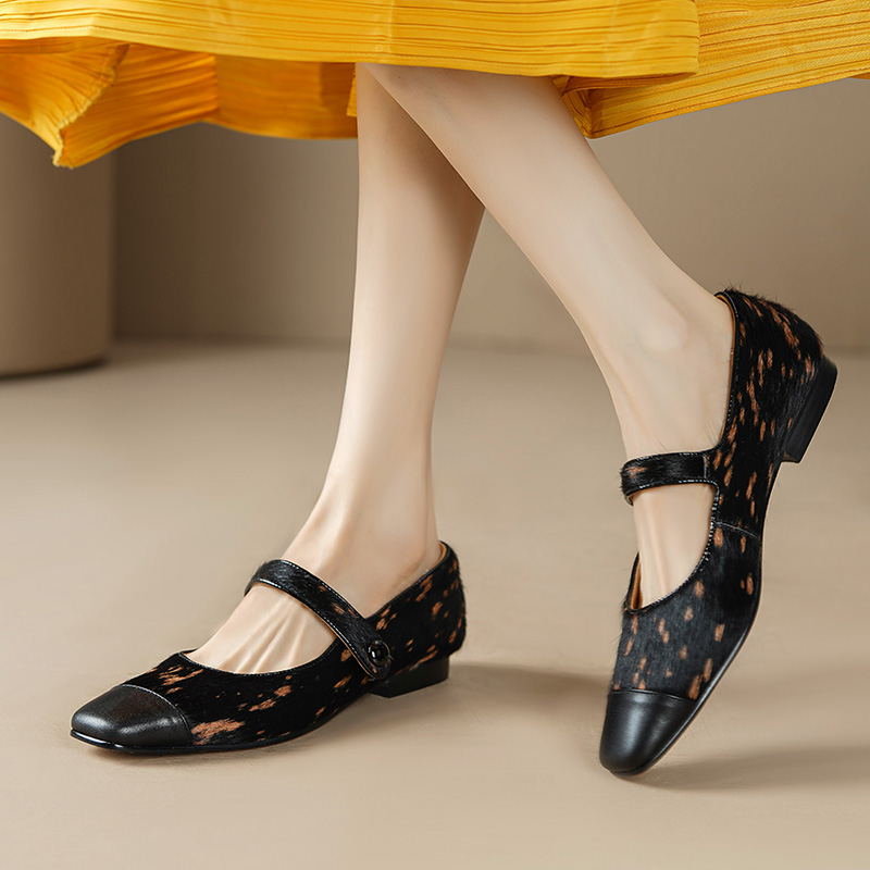 2025 new NEW Spring/Autumn Pumps Square Toe Chunky Horsehair Leopard Women Shoes Concise Low Heel Buckle Mary Janes de5c