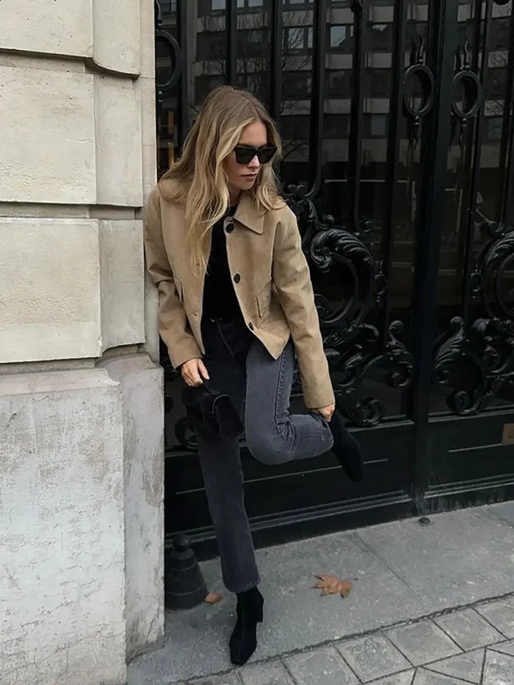 Women Vintage Single Breasted Slim Short Coat Elegant Lapel Long Sleeves Cropped Jacket With Pocket Autumn Lady Street Tops 240911