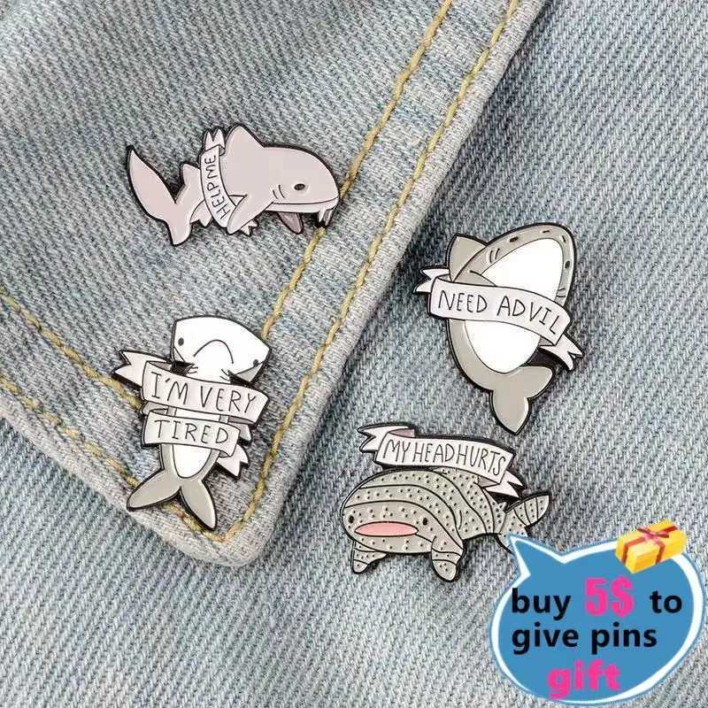 Custom Shark Tiger Brooch HLEP ME NEED ADVILIM VERY TIREDMY HEAD HURTS Enamel Pin Marine Animal Life Badge Gift for WholesaleX240914