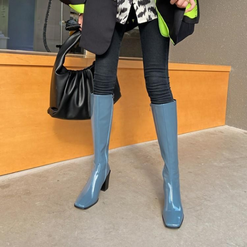 Square Head Thigh-high Boots Autumn Winter New Patent Leather Knee High Botas Female Chunky High Heel Solid Skinny Botas Mujer