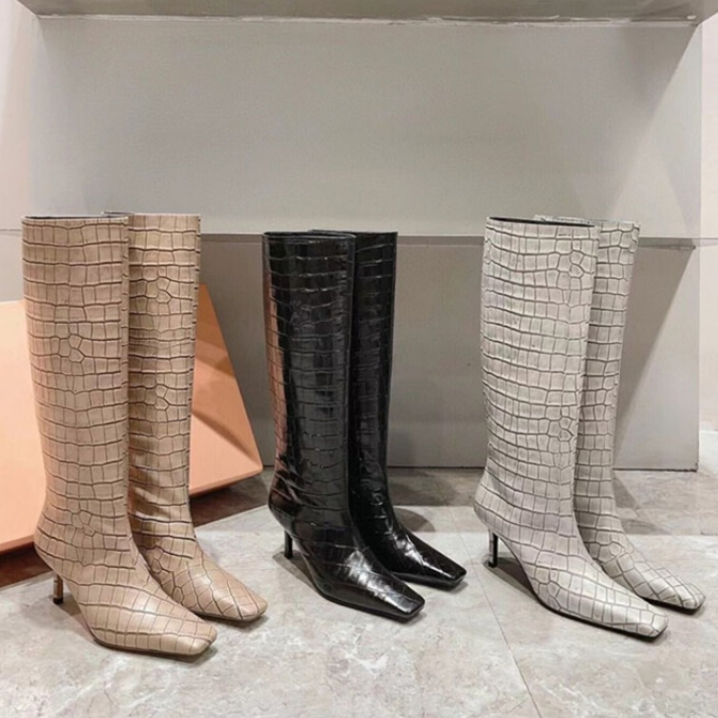 Stone Pattern Cowhide Black Apricot Knee High Women Autumn Winter Low Heels Square Toe Long Boots Retro Size 34-43 Shoes