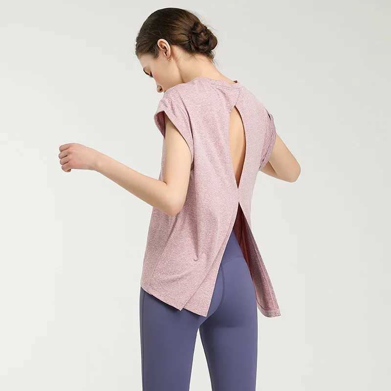 Summer Loose Yoga Shirts Women Hollow Out Short Sleeves Running T-Shirts Quick Dry Sports Forked Tops Gym Workout Fitness Blouse M240914