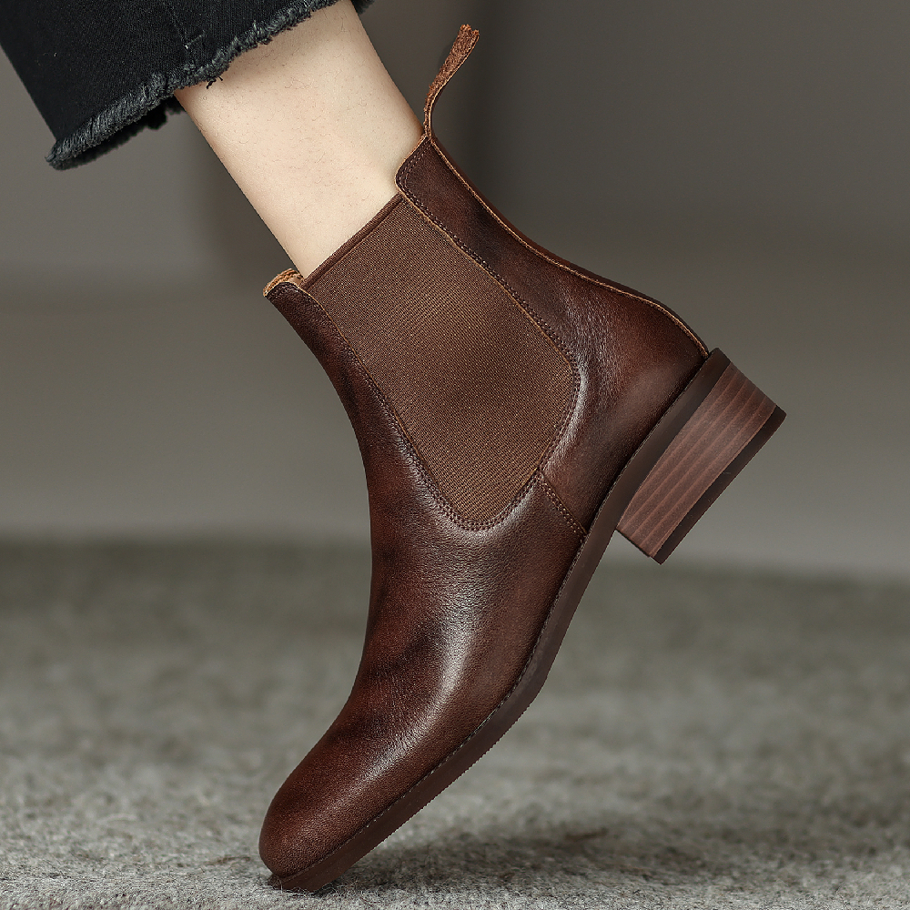 genuine Women's leather elastic slip-onn flats autumn boots rounnd toe casual female high quality short booties ebe8